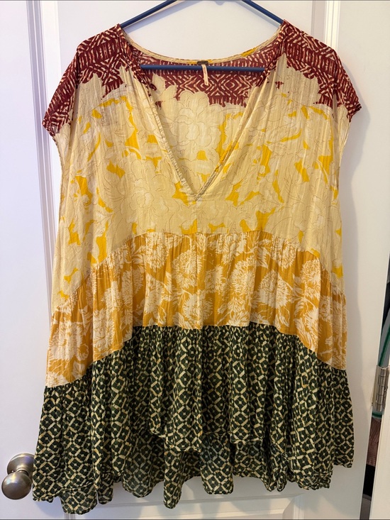 Free People Tops - Free People Tiered Boho V-Neck Tunic in Yellow, Green & Maroon